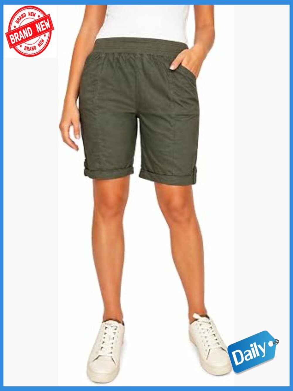 Pull-On Bermuda Short with Pockets Mid Rise Cotton Spandex